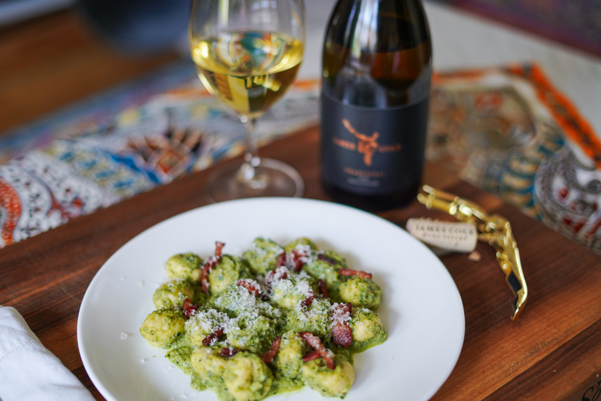 Gnocchi with Basil Squash Sauce and a Bottle of Chardonnay