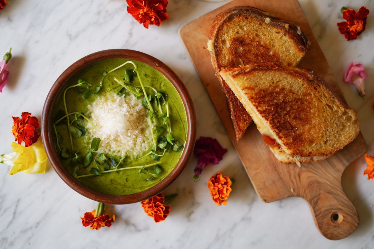 Spring Pea and Mint Soup with Grilled Cheese