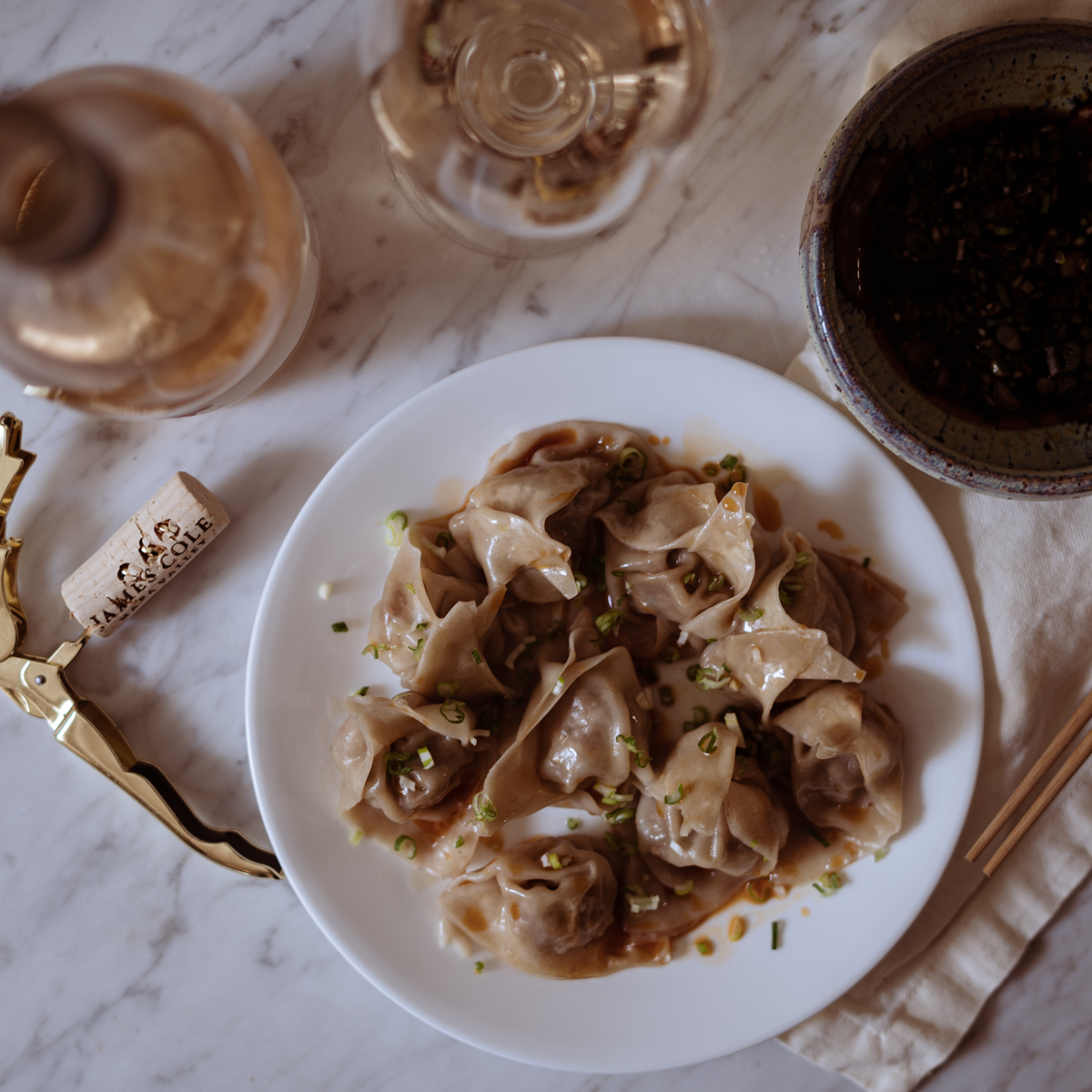 Spicy Pork Wontons paired with James Cole Rosé